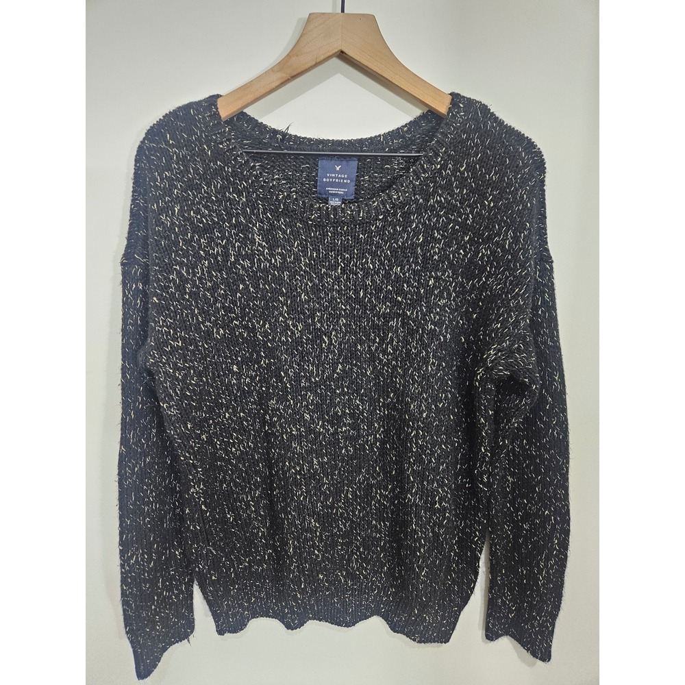 American Eagle Vintage Boyfriend Sweater Black Gold Metallic Knit Large L‎